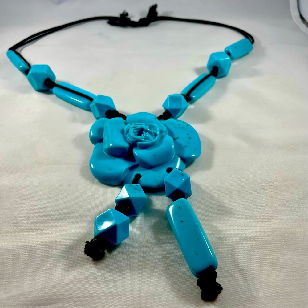 Turquoise Bakelite Statement Necklace On Black Co… - image 1